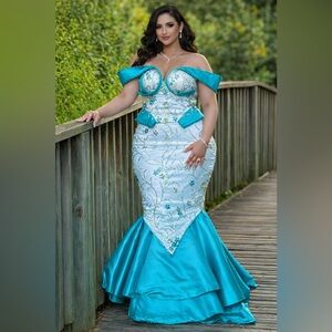 Elegant Teal and White Off-Shoulder Gown